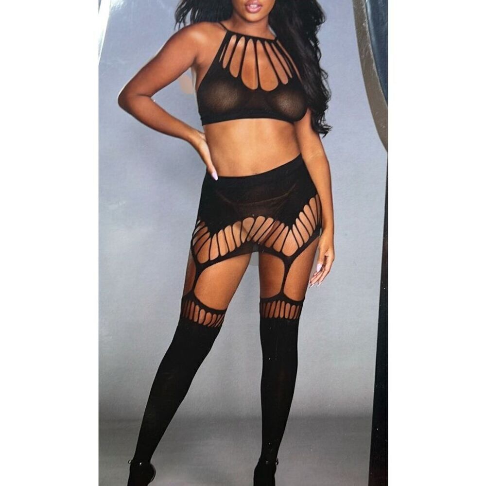 Dreamgirl 0356 Women's Semi-Opaque Seamless Bralette & Garter Skirt Set, Black,